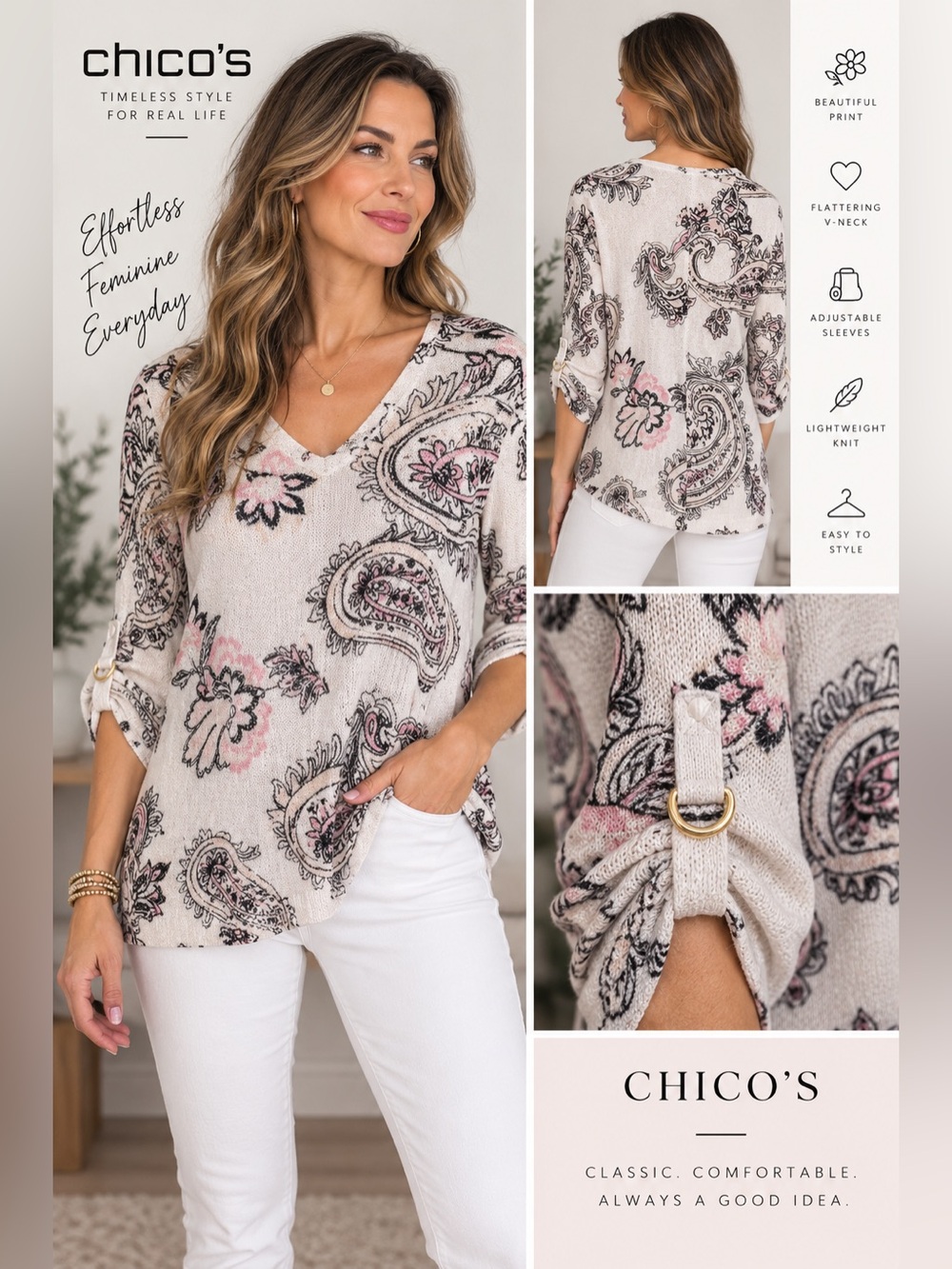 Chico’s Paisley Floral V-Neck Knit Sweater Top Size 2 Large Pink Black